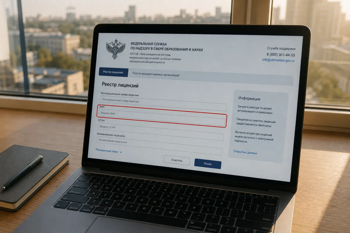 Лицензия онлайн-школы: пошаговый поиск в реестре Рособрнадзора по ИНН
