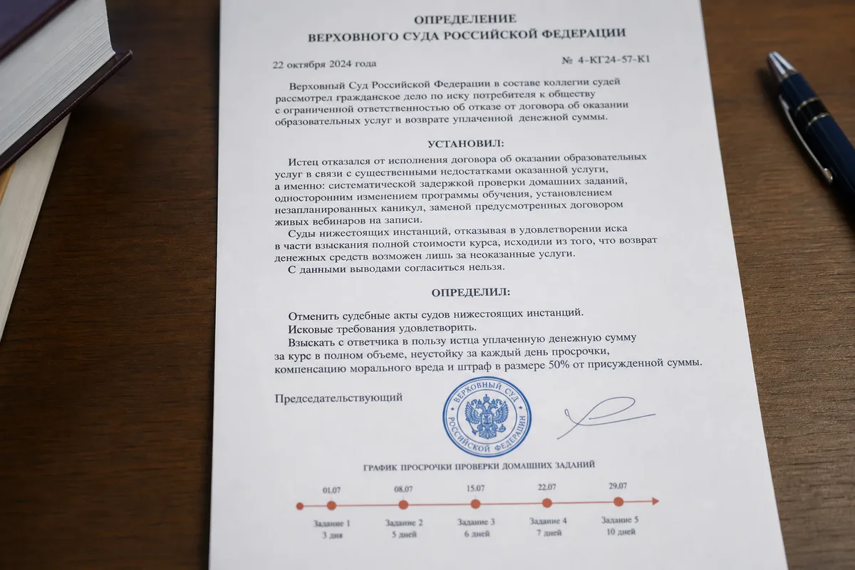 Возврат денег за онлайн-курс при задержке проверки домашних заданий